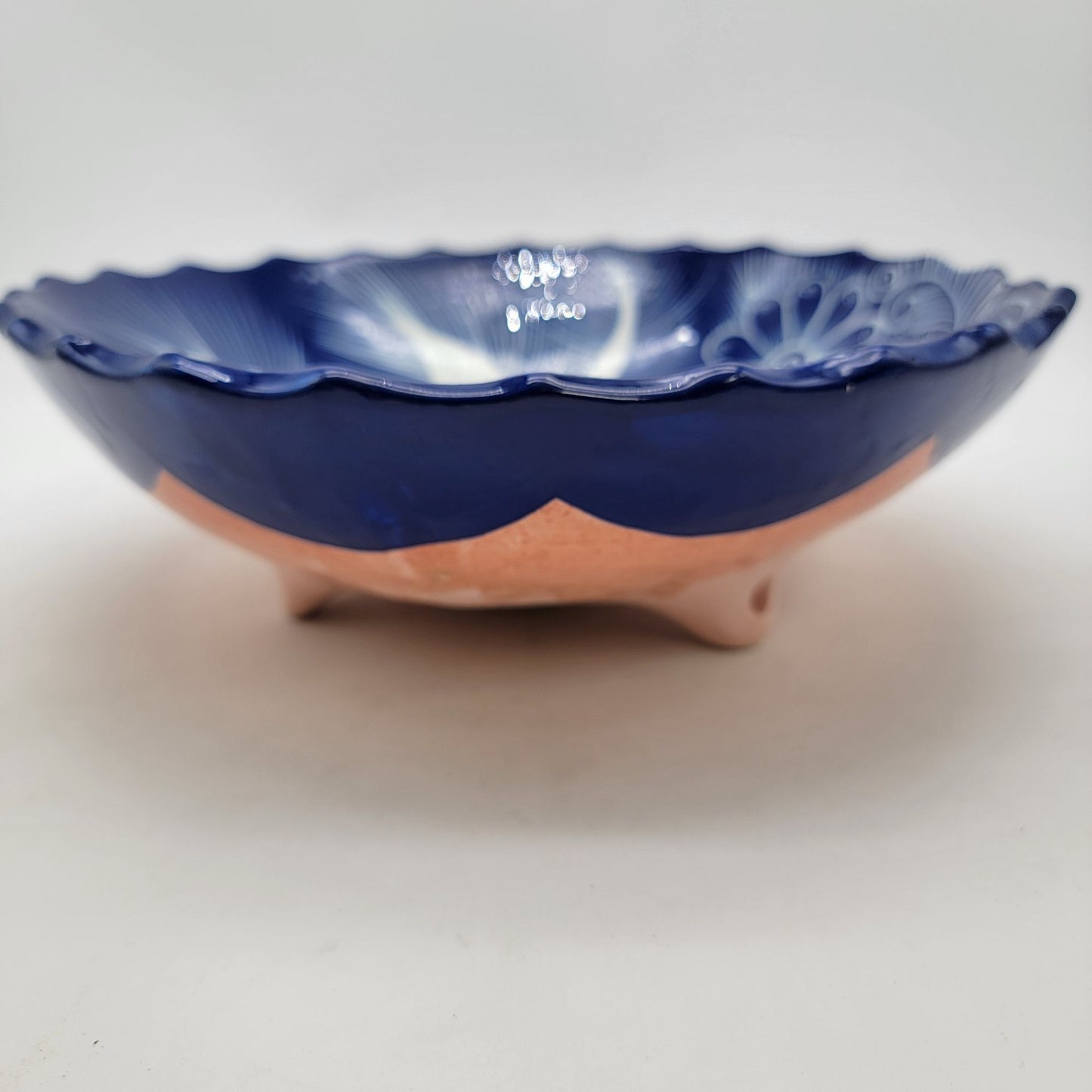 Mexican Pottery Blue & White Floral Footed Bowl