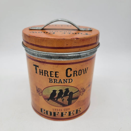 Vintage Three Crow Brand Steel Cut Coffee Tin With Handle & Lid