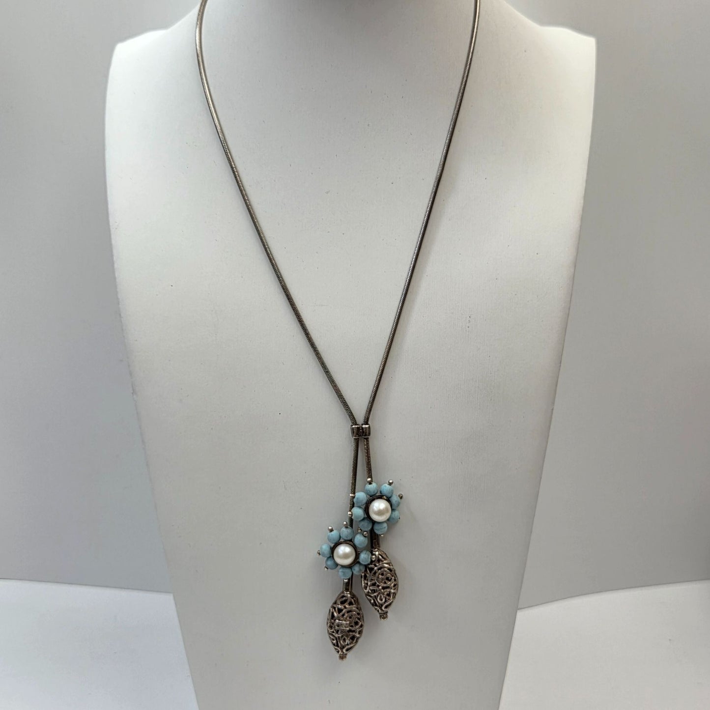 Vintage Antigua 925 Silver Turquoise & Pearl Lariat Necklace