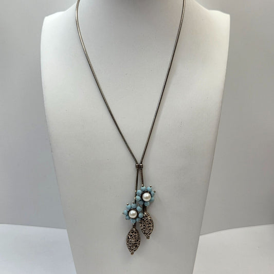 Vintage Antigua 925 Silver Turquoise & Pearl Lariat Necklace