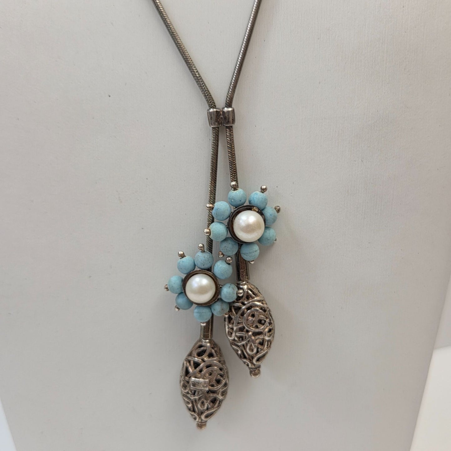 Vintage Antigua 925 Silver Turquoise & Pearl Lariat Necklace