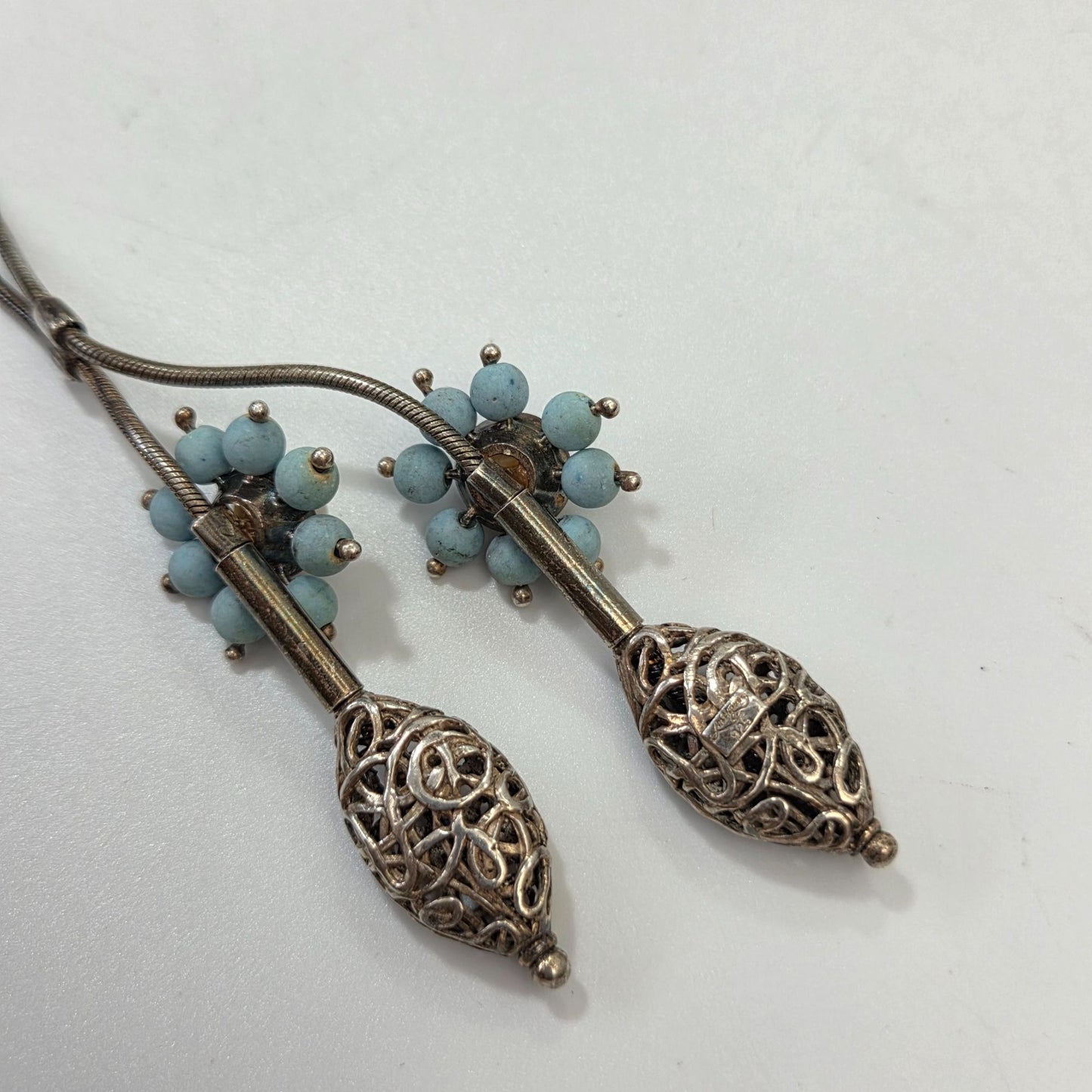 Vintage Antigua 925 Silver Turquoise & Pearl Lariat Necklace