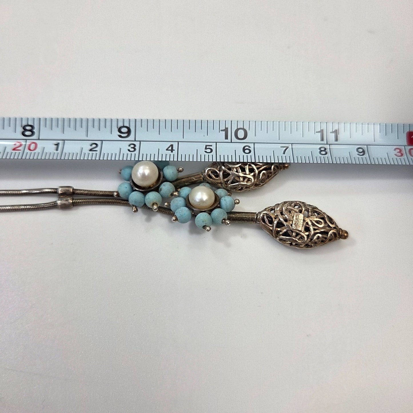 Vintage Antigua 925 Silver Turquoise & Pearl Lariat Necklace