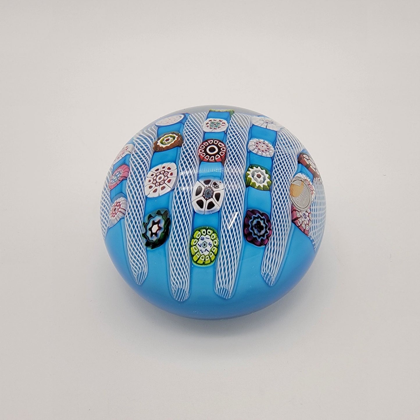 Saint Louis 1972 Limited Edition Signed Blue Millefiori & Latticino Art Glass Doily Paperweight