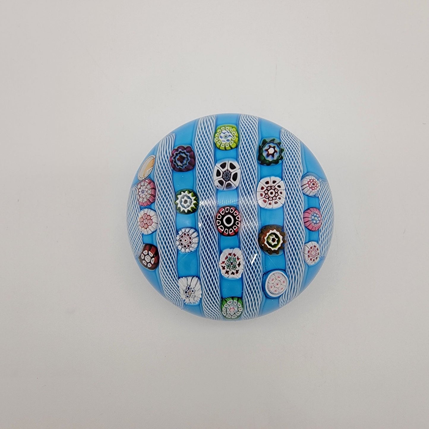 Saint Louis 1972 Limited Edition Signed Blue Millefiori & Latticino Art Glass Doily Paperweight