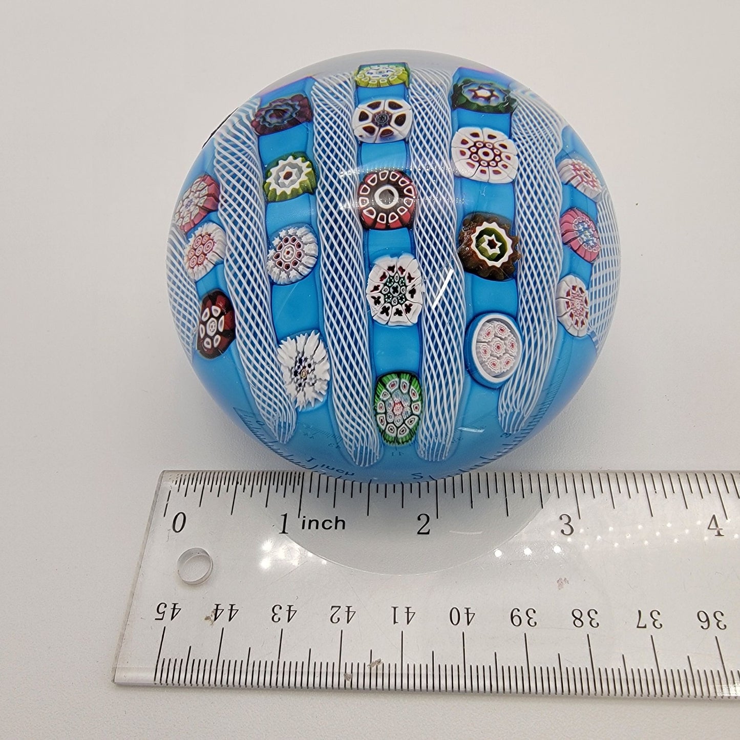 Saint Louis 1972 Limited Edition Signed Blue Millefiori & Latticino Art Glass Doily Paperweight