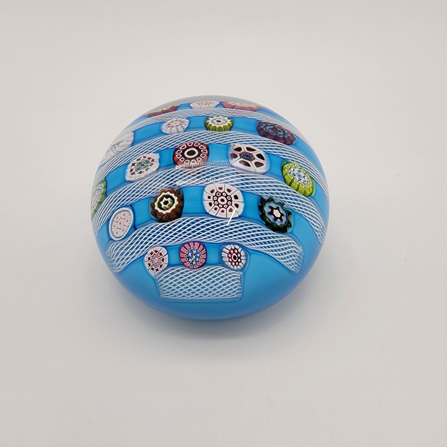 Saint Louis 1972 Limited Edition Signed Blue Millefiori & Latticino Art Glass Doily Paperweight