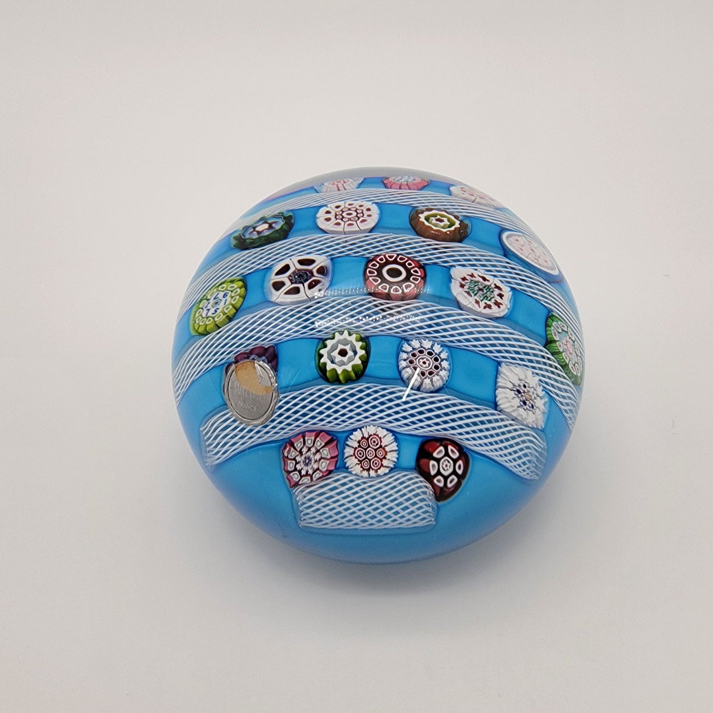 Saint Louis 1972 Limited Edition Signed Blue Millefiori & Latticino Art Glass Doily Paperweight