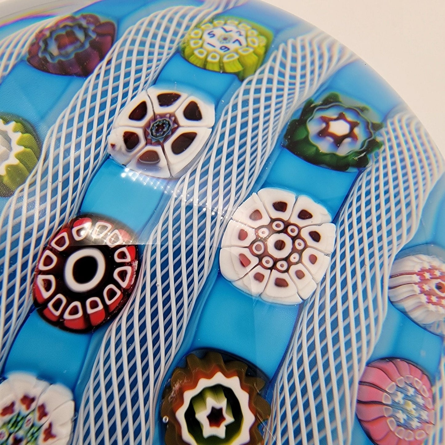 Saint Louis 1972 Limited Edition Signed Blue Millefiori & Latticino Art Glass Doily Paperweight