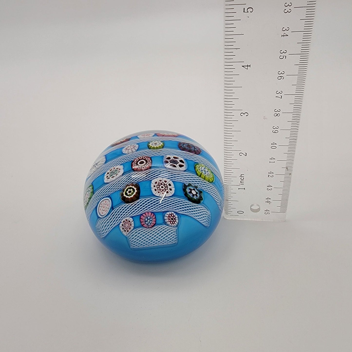 Saint Louis 1972 Limited Edition Signed Blue Millefiori & Latticino Art Glass Doily Paperweight