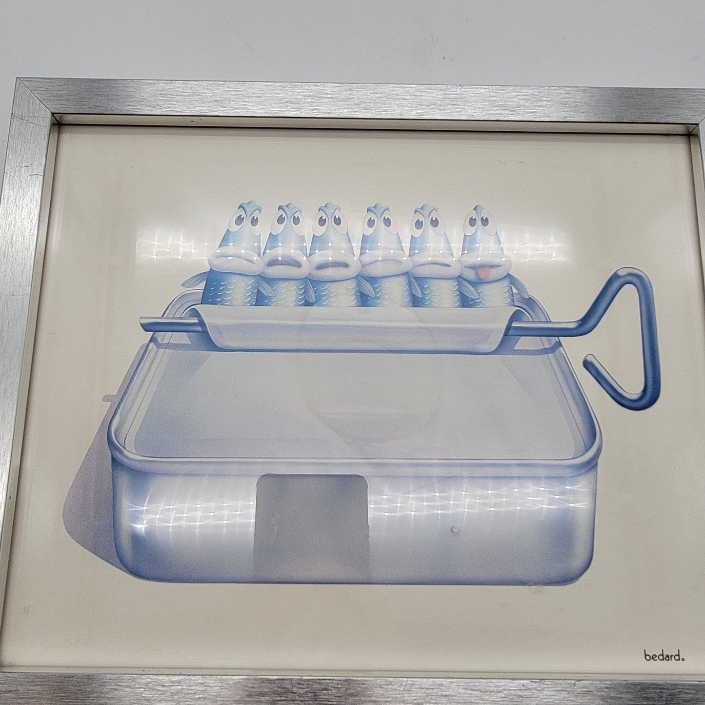 Vintage Framed Michael Bedard One Too Many Lithograph Art Funny Sardines