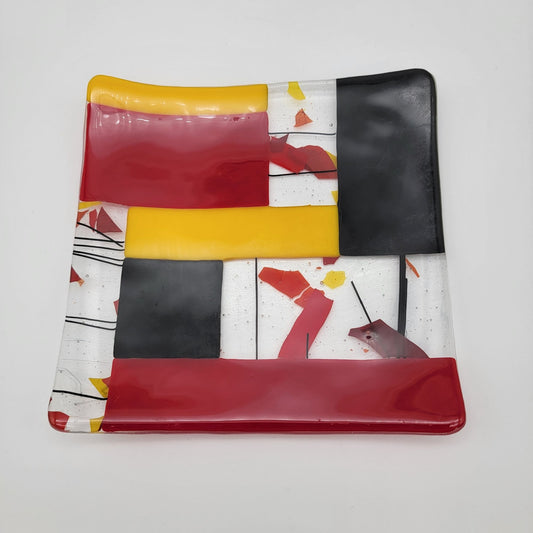 Abstract Fused Art Glass Square Dish Red Yellow Black