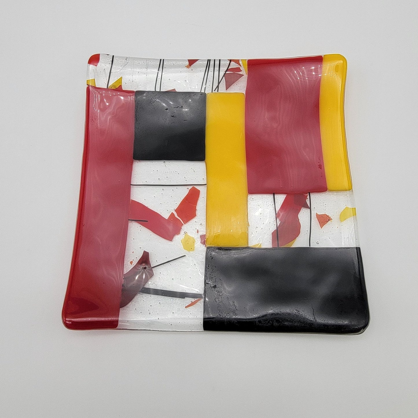 Abstract Fused Art Glass Square Dish Red Yellow Black