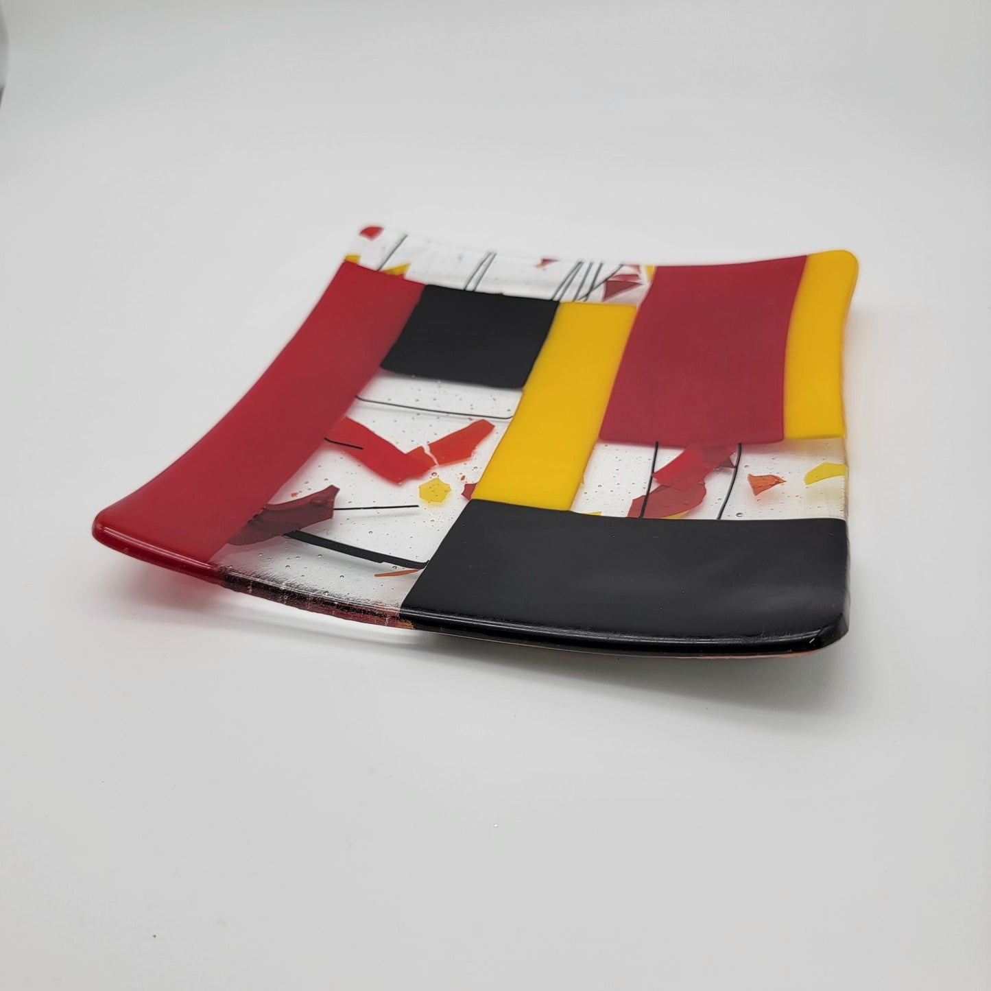 Abstract Fused Art Glass Square Dish Red Yellow Black