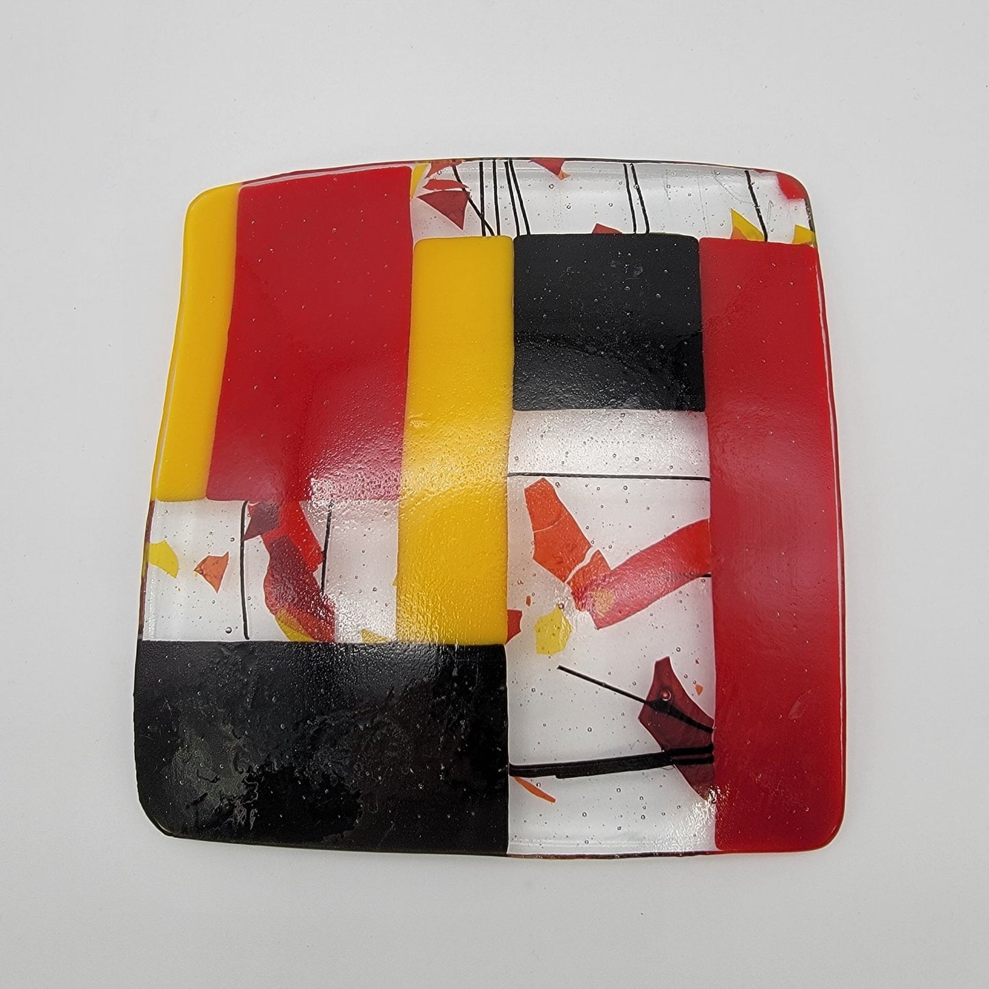 Abstract Fused Art Glass Square Dish Red Yellow Black