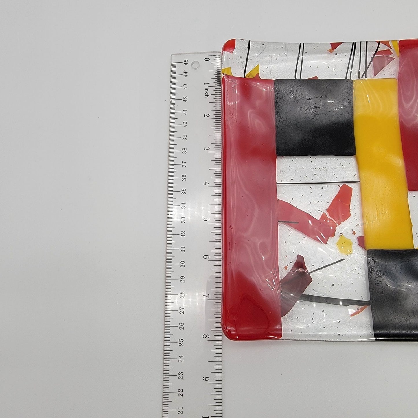 Abstract Fused Art Glass Square Dish Red Yellow Black