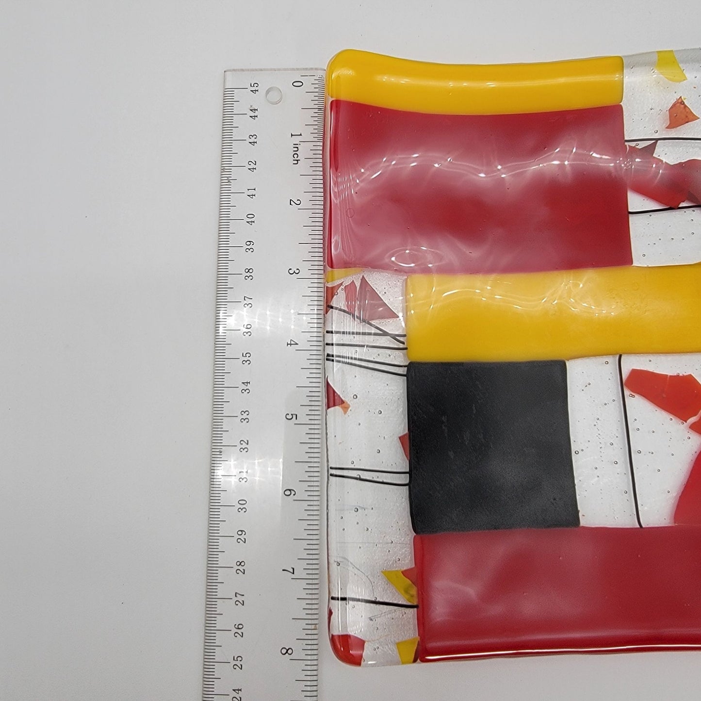 Abstract Fused Art Glass Square Dish Red Yellow Black