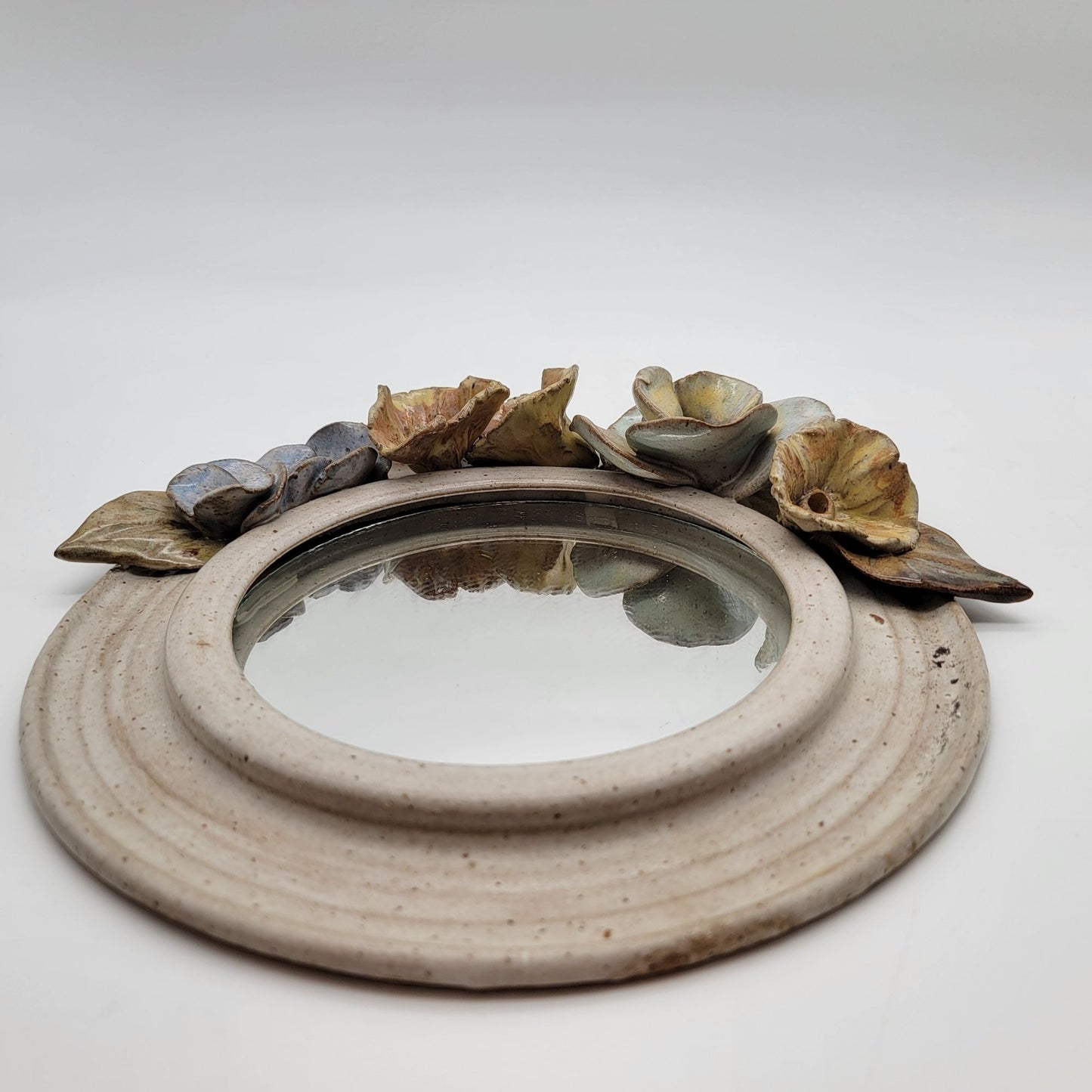 Vintage 1990's Round Pottery Mirror With Sculpted Flowers