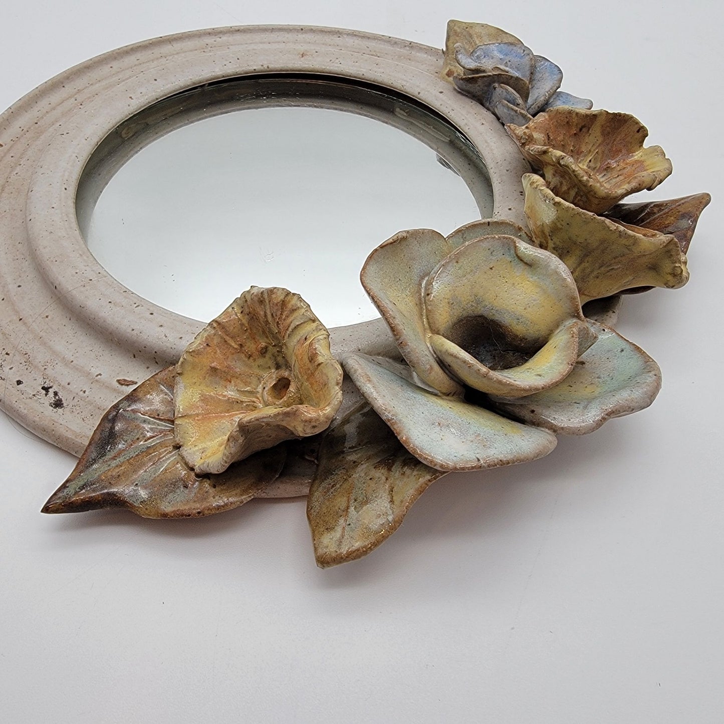 Vintage 1990's Round Pottery Mirror With Sculpted Flowers