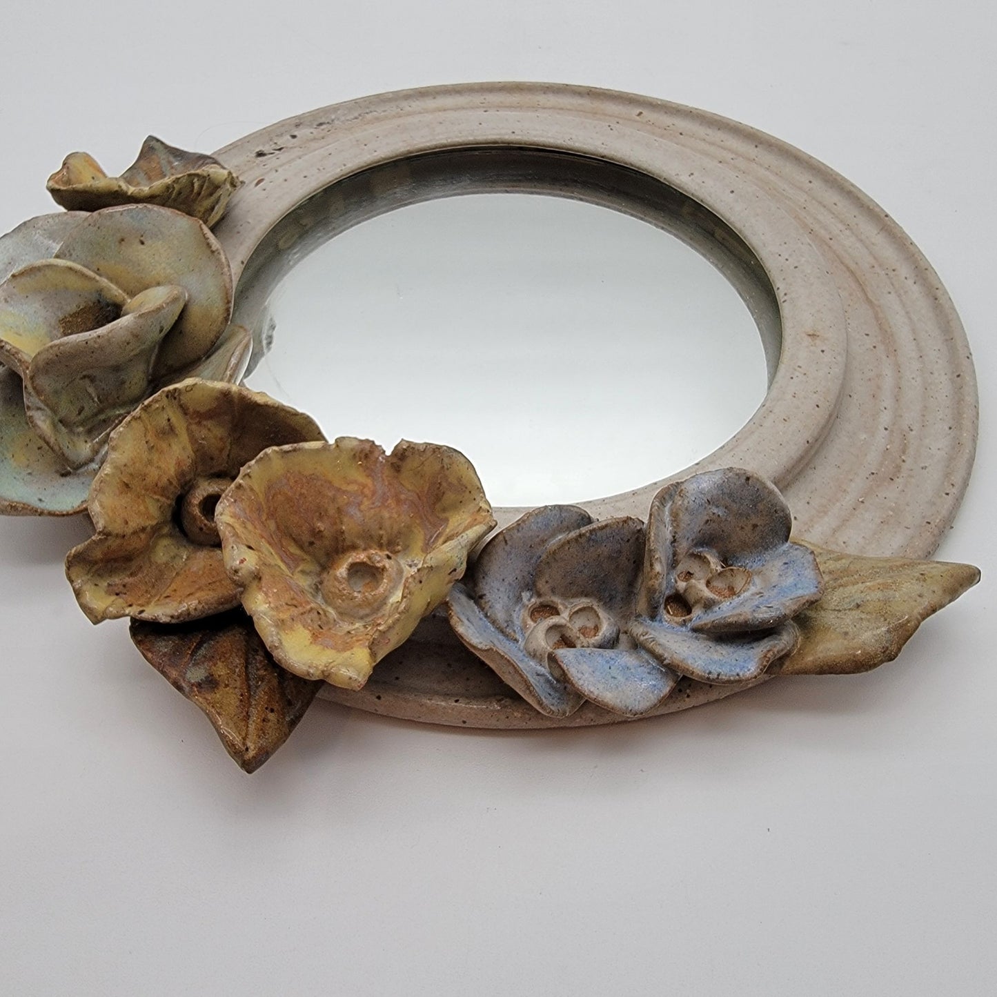 Vintage 1990's Round Pottery Mirror With Sculpted Flowers