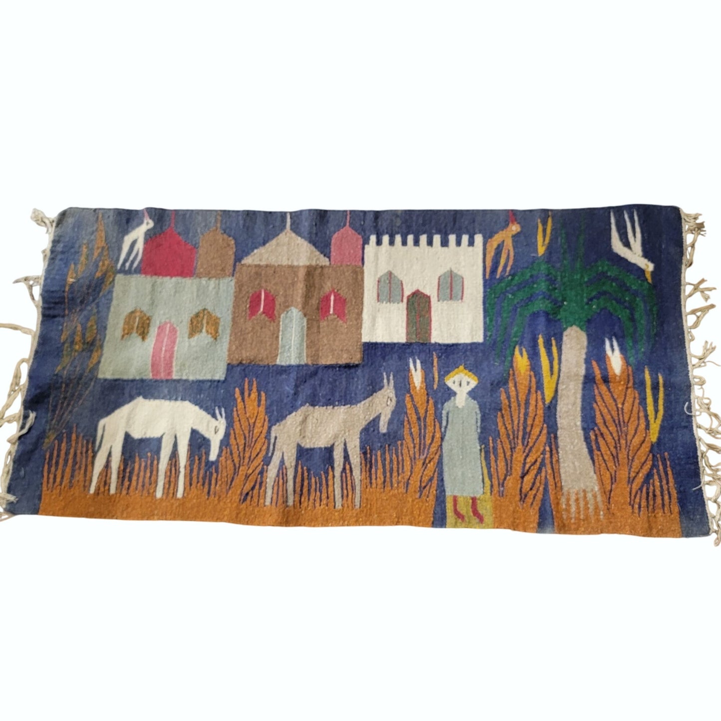 Vintage Pictorial Kilim Folk Art Rug With Village Scene & Donkeys Hand Woven Wool