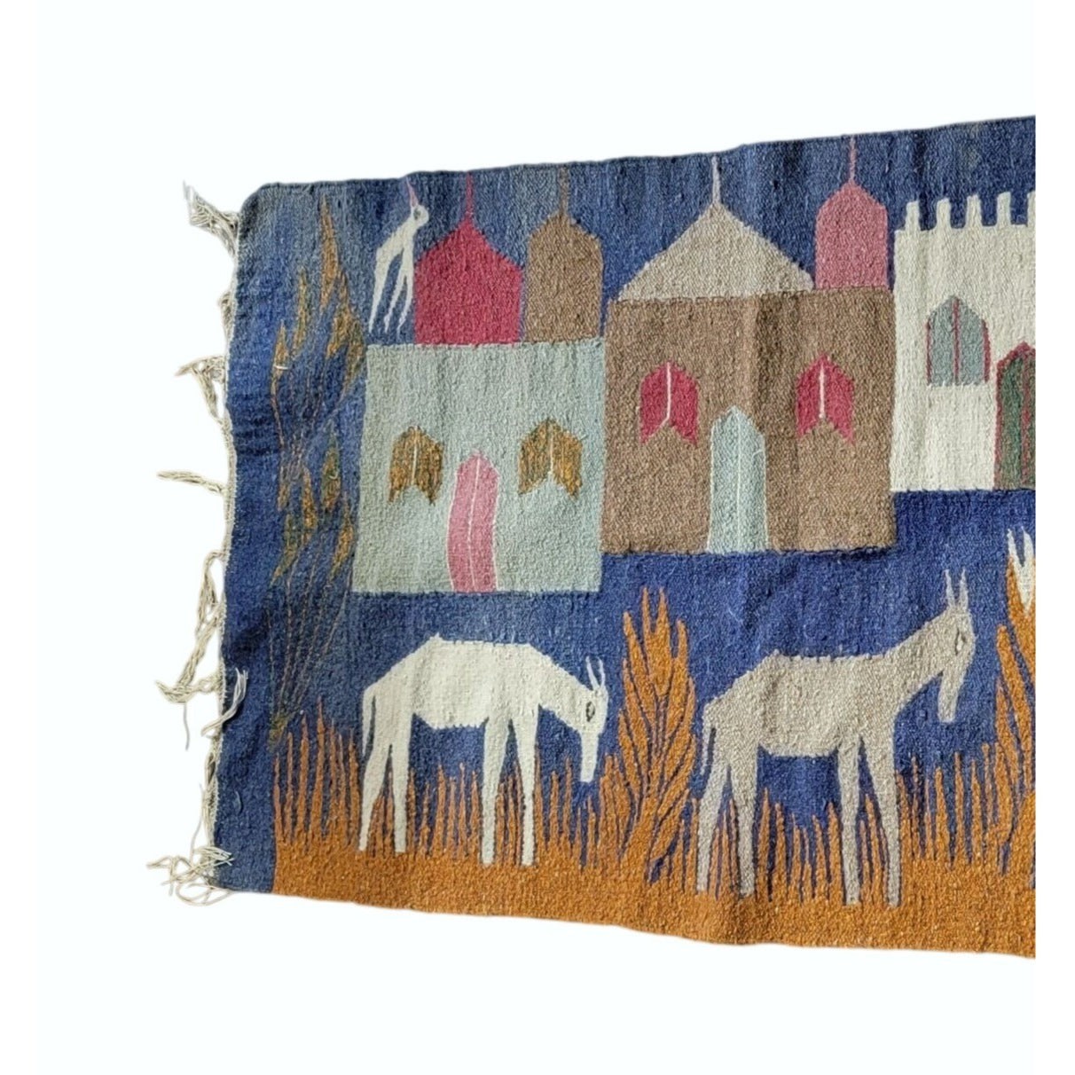 Vintage Pictorial Kilim Folk Art Rug With Village Scene & Donkeys Hand Woven Wool