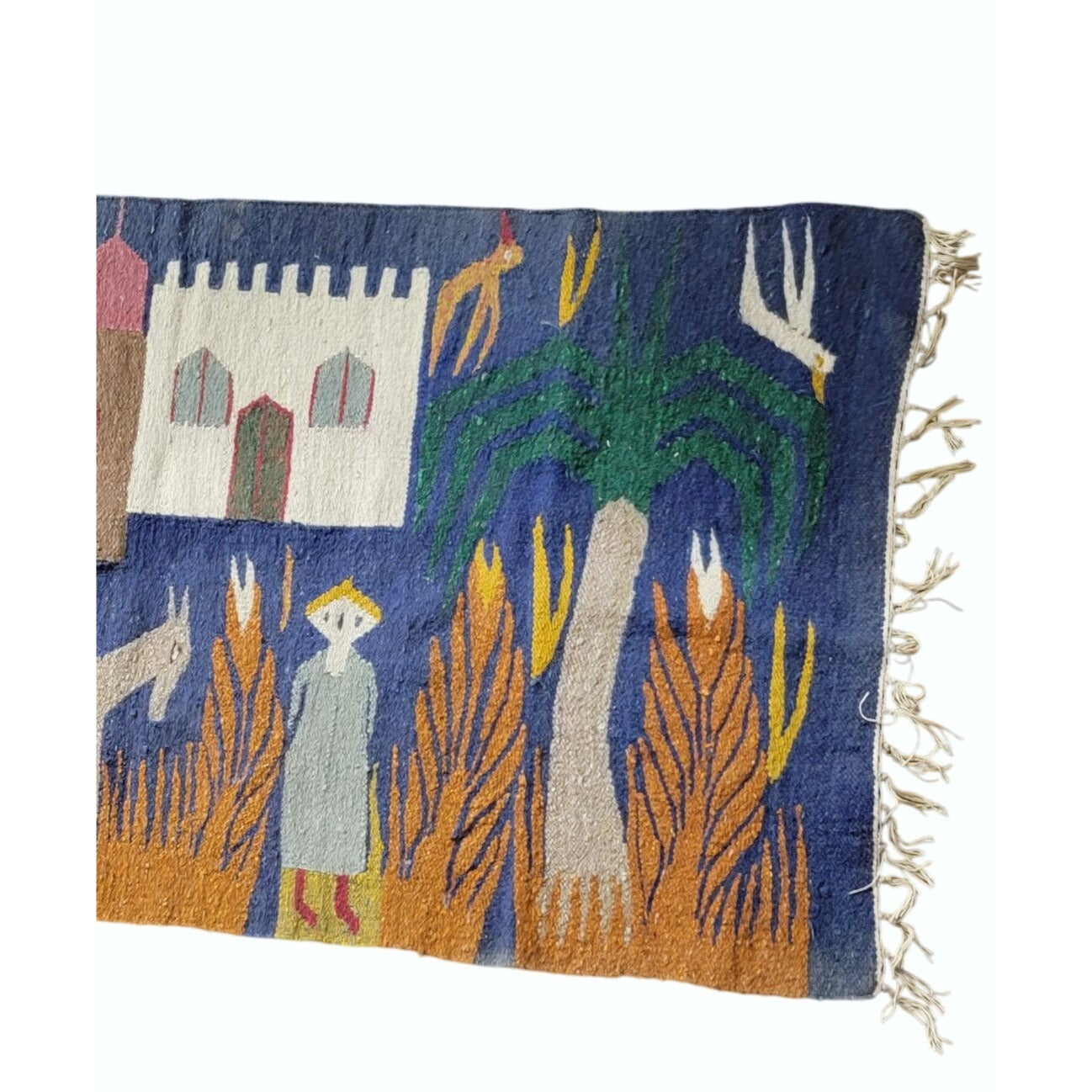 Vintage Pictorial Kilim Folk Art Rug With Village Scene & Donkeys Hand Woven Wool