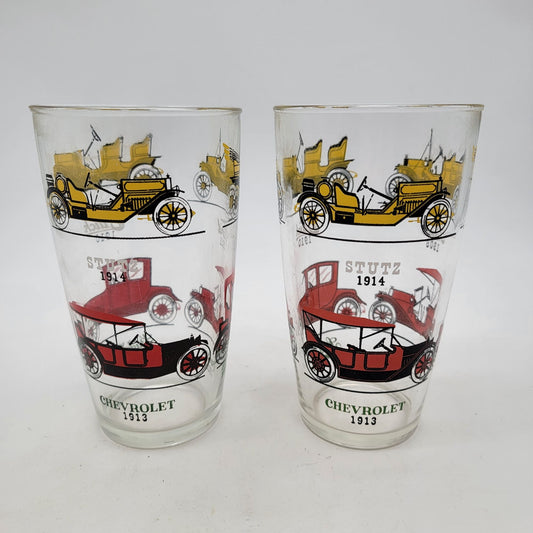 Vintage Hazel Atlas Antique Cars Large Tumbler Glasses Set Of 2