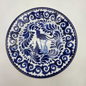 Vintage Mexican Anfora Puebla Blue Crane Bird Art Pottery Plate