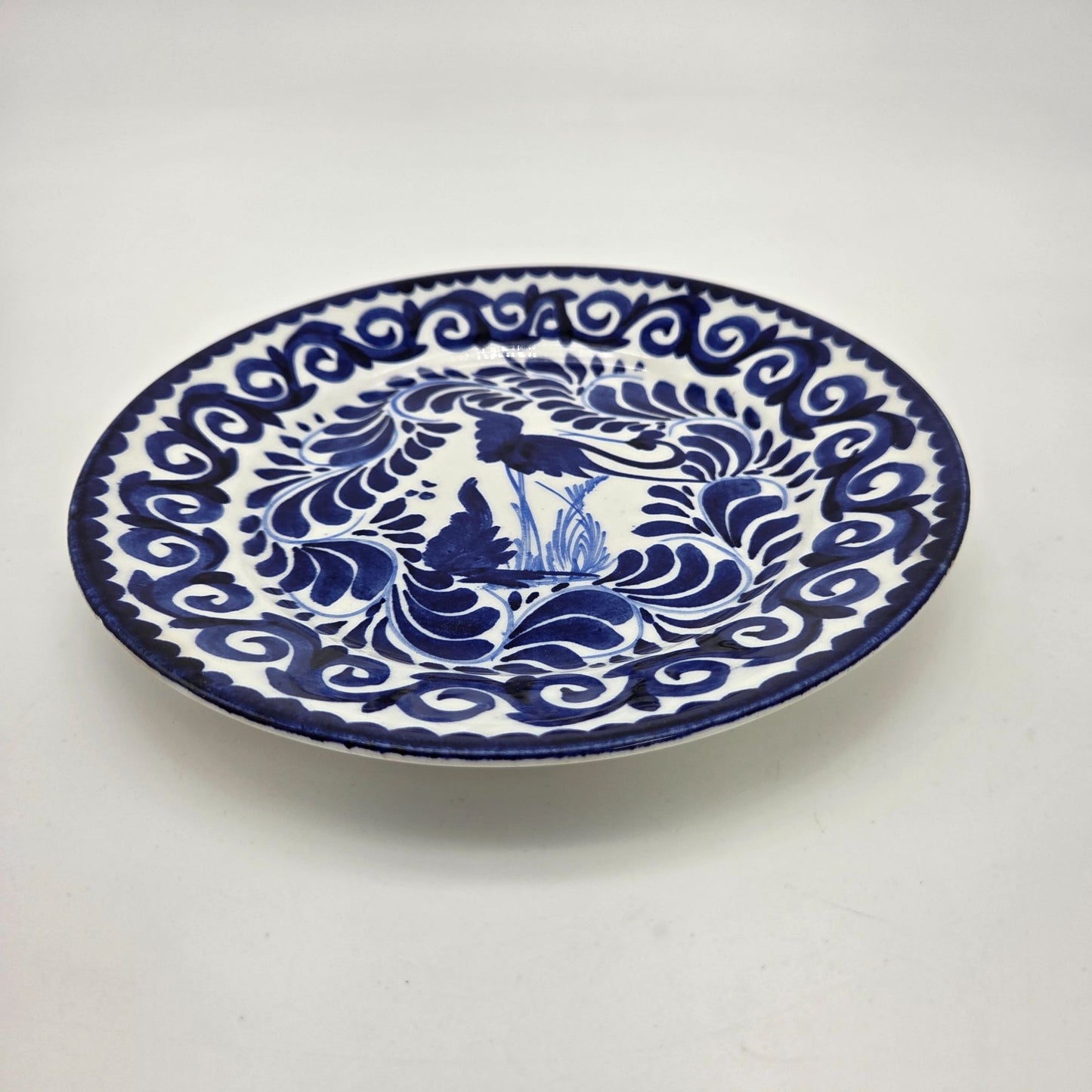 Vintage Mexican Anfora Puebla Blue Crane Bird Art Pottery Plate