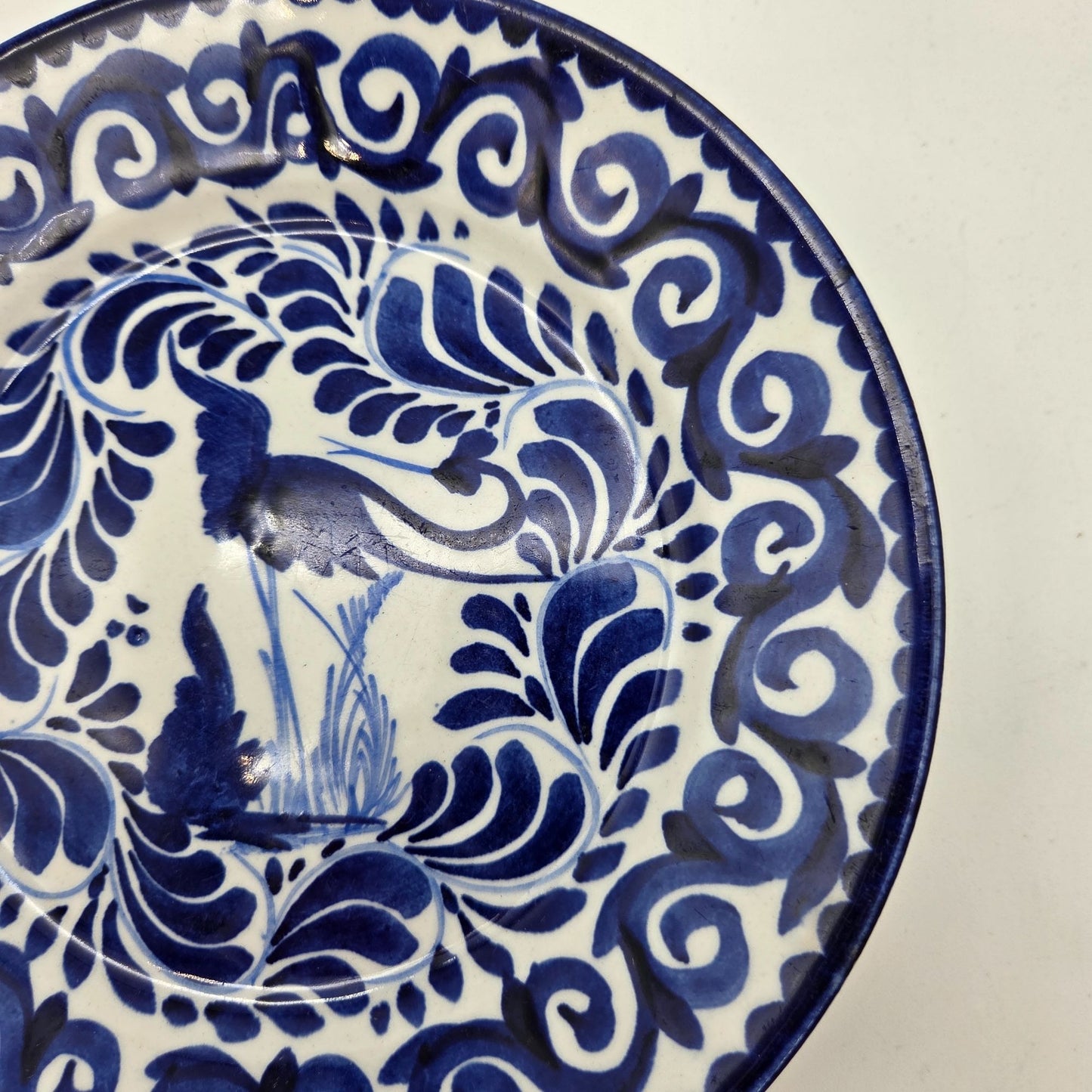 Vintage Mexican Anfora Puebla Blue Crane Bird Art Pottery Plate