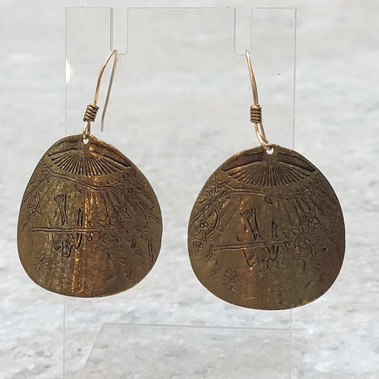 Vintage Brass Etched Dangle Fan Earrings with Birds