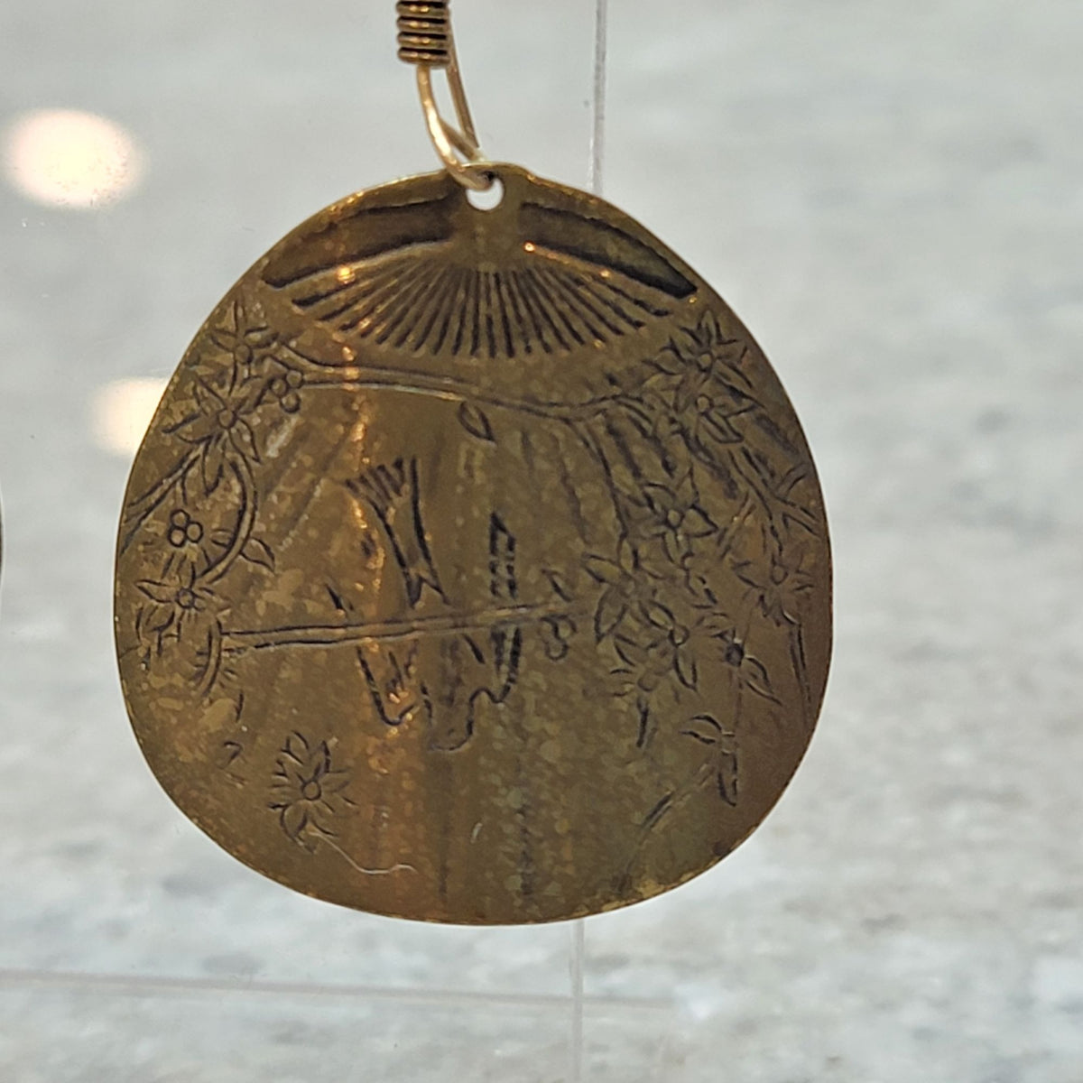 Vintage Brass Etched Dangle Fan Earrings with Birds