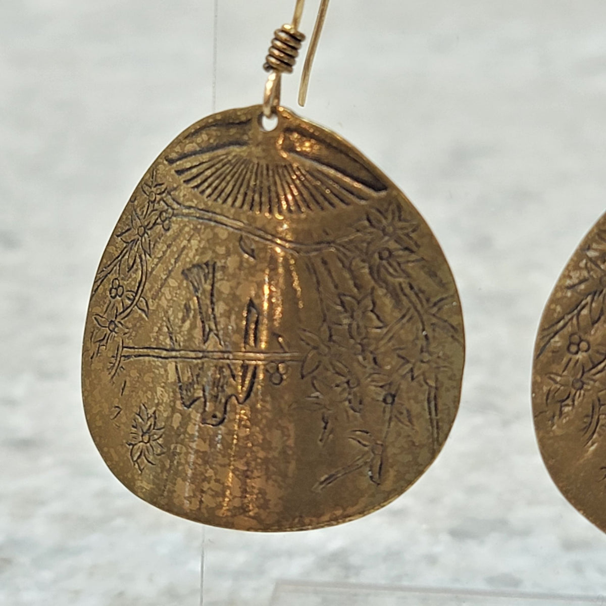 Vintage Brass Etched Dangle Fan Earrings with Birds