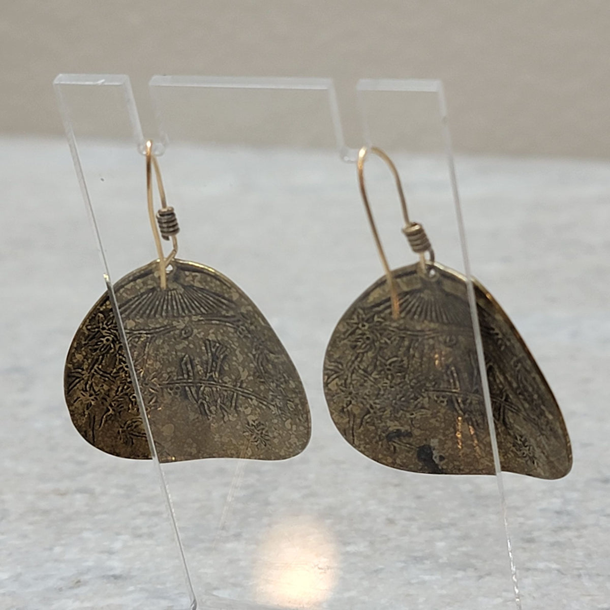 Vintage Brass Etched Dangle Fan Earrings with Birds