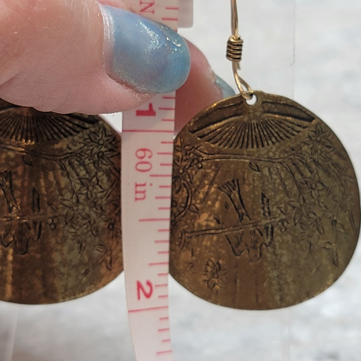 Vintage Brass Etched Dangle Fan Earrings with Birds