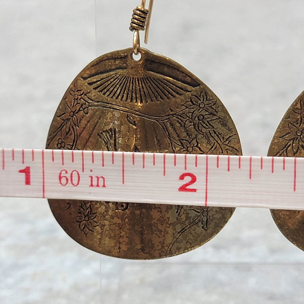 Vintage Brass Etched Dangle Fan Earrings with Birds