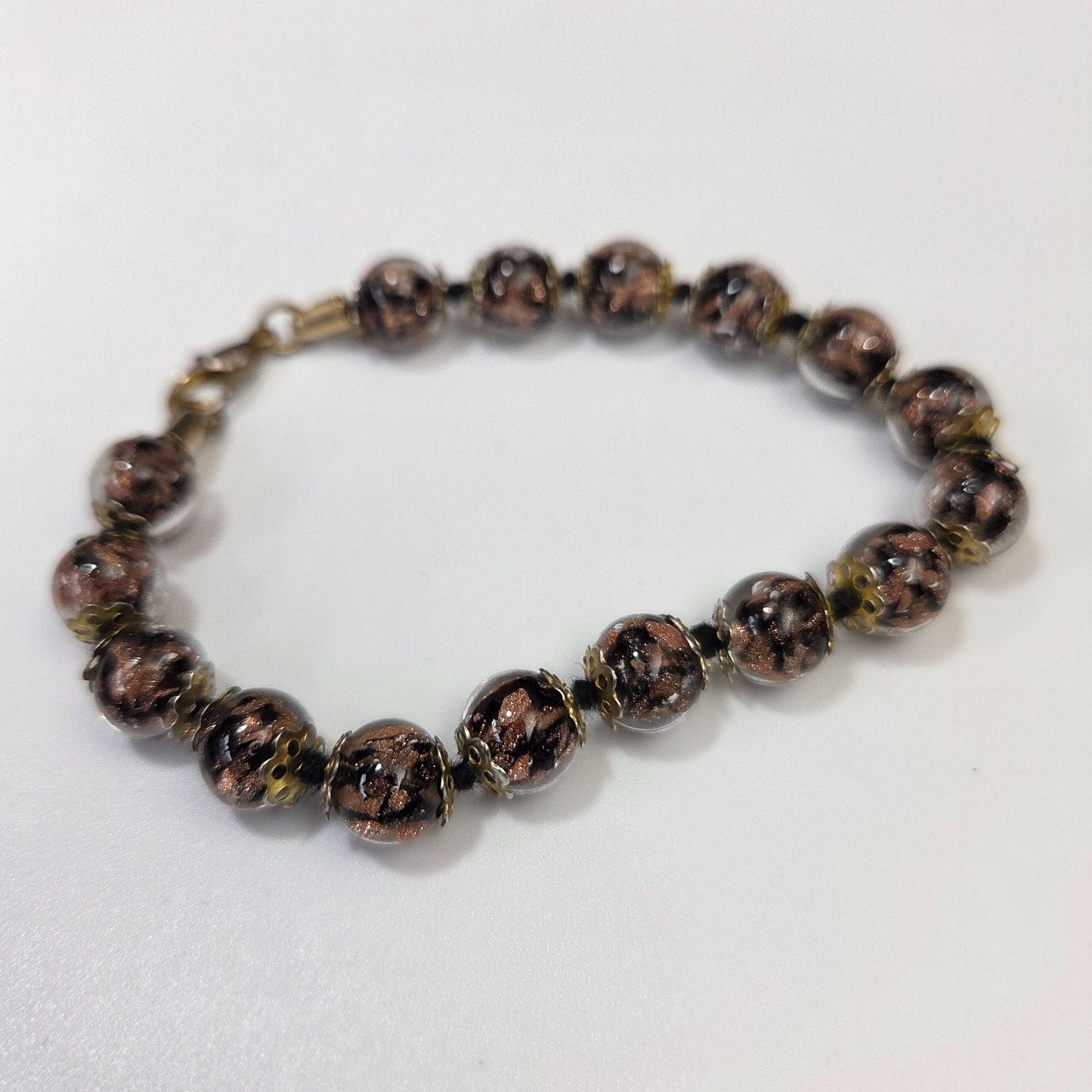 Venetian Glass Copper Aventurine Beaded Bracelet 6 1/2"