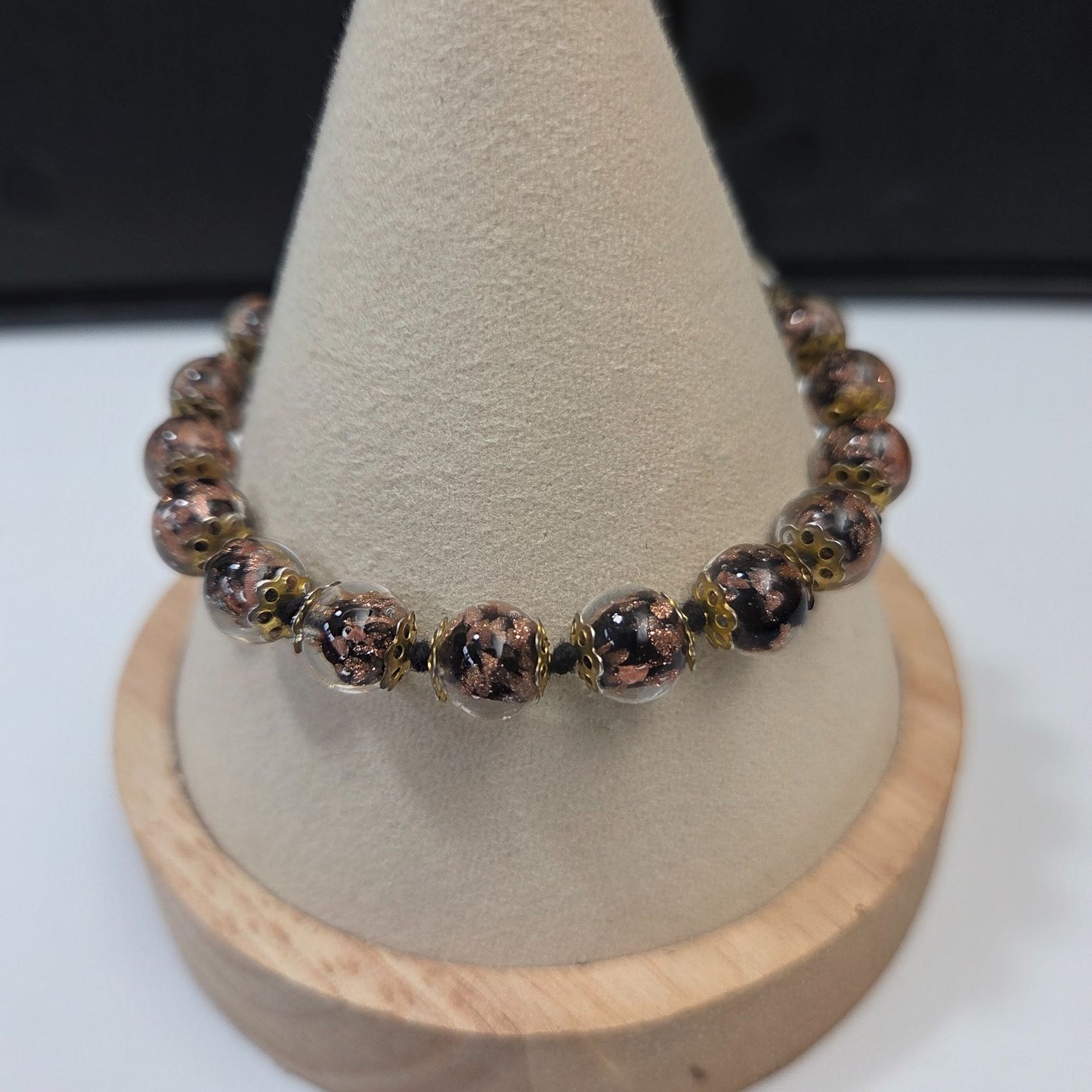 Venetian Glass Copper Aventurine Beaded Bracelet 6 1/2"