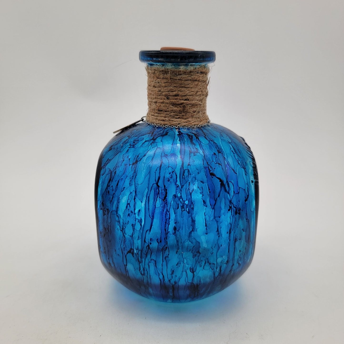 Hand Painted Blue Glass Bottle With Tree Of Life Charm & Cork Stopper Decorative Vase
