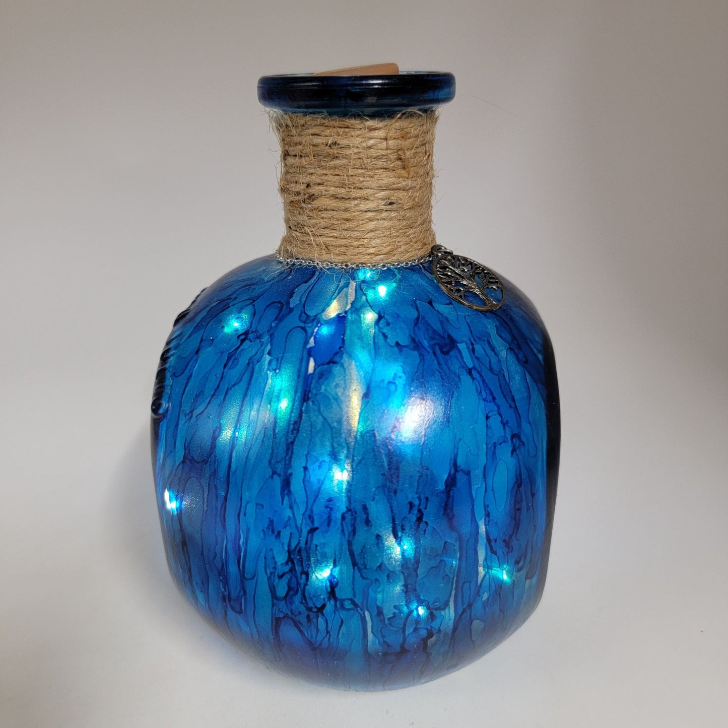 Hand Painted Blue Glass Bottle With Tree Of Life Charm & Cork Stopper Decorative Vase
