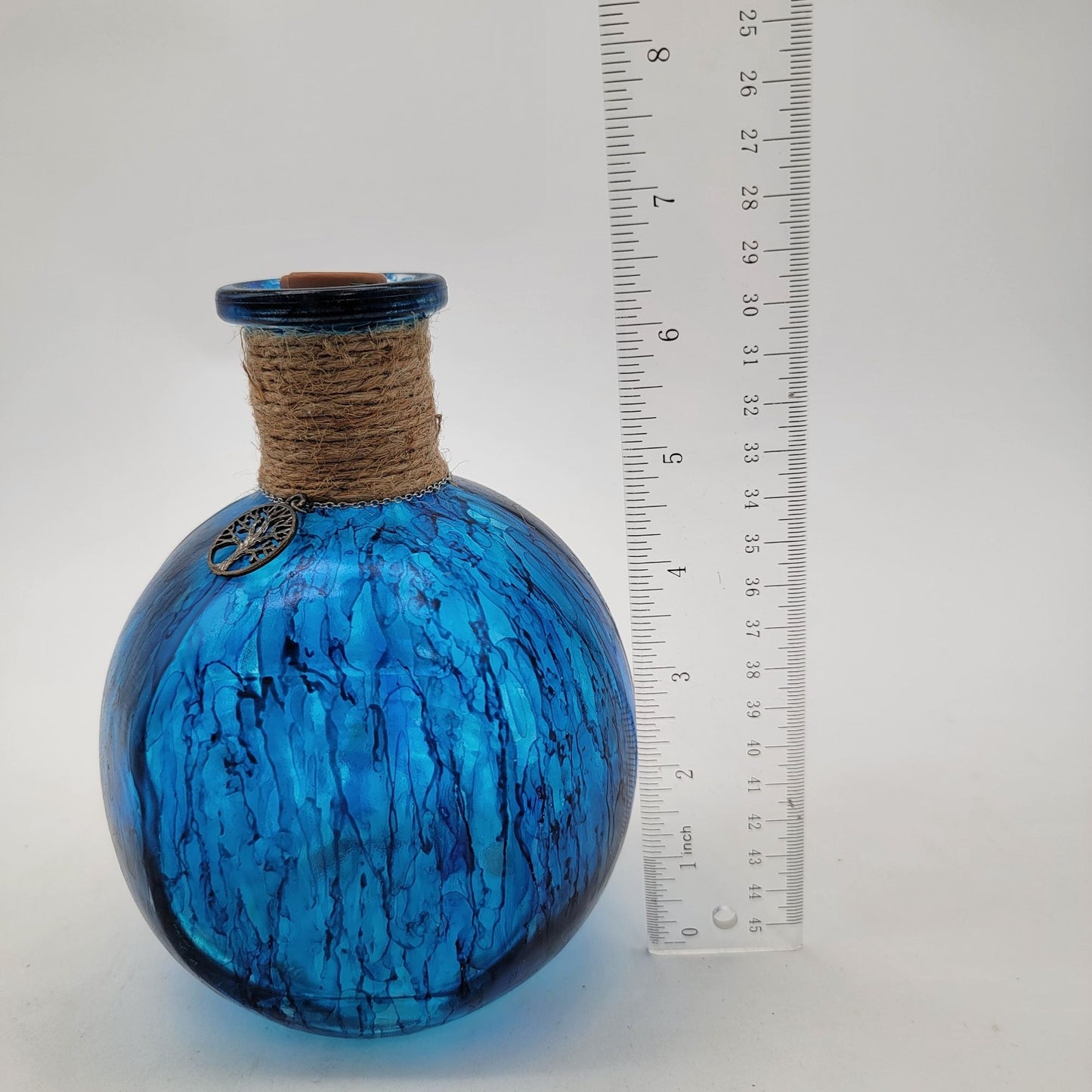 Hand Painted Blue Glass Bottle With Tree Of Life Charm & Cork Stopper Decorative Vase