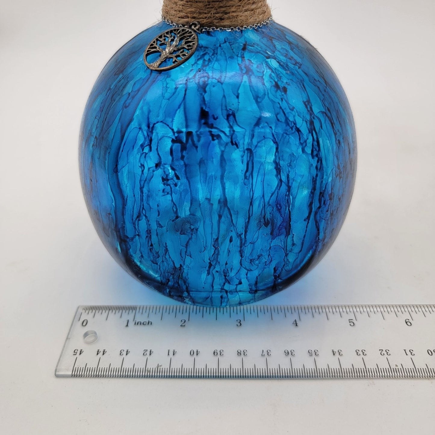 Hand Painted Blue Glass Bottle With Tree Of Life Charm & Cork Stopper Decorative Vase