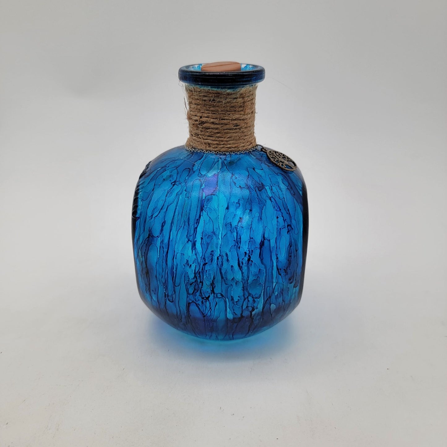 Hand Painted Blue Glass Bottle With Tree Of Life Charm & Cork Stopper Decorative Vase