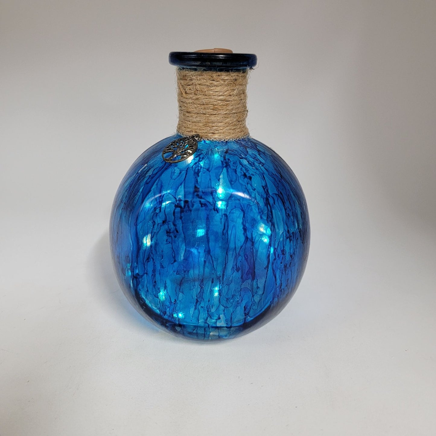 Hand Painted Blue Glass Bottle With Tree Of Life Charm & Cork Stopper Decorative Vase