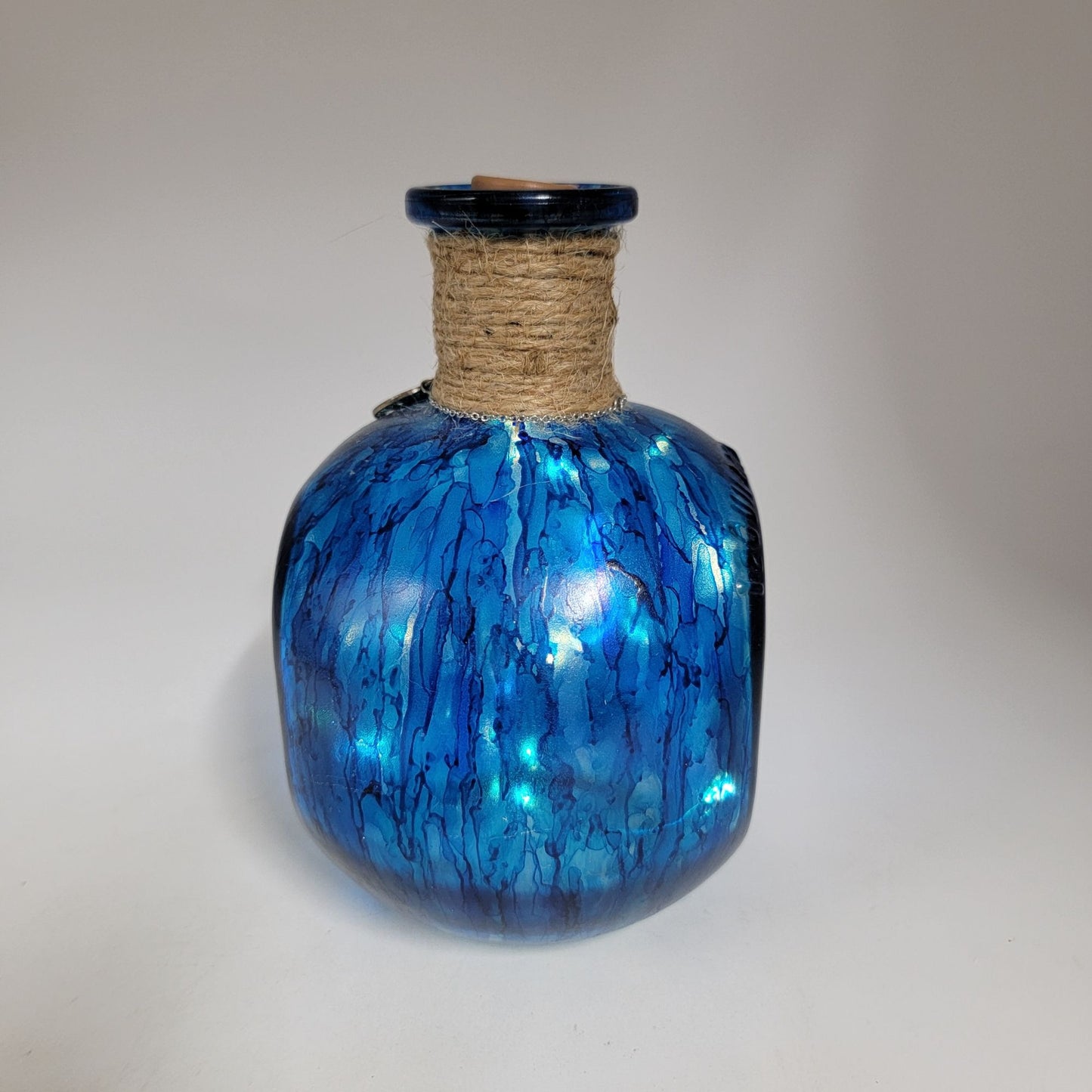 Hand Painted Blue Glass Bottle With Tree Of Life Charm & Cork Stopper Decorative Vase