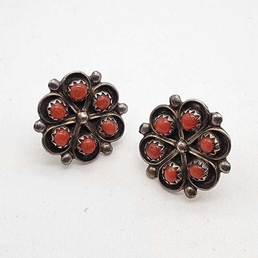 Vintage Native American Sterling Silver Red Coral Earrings