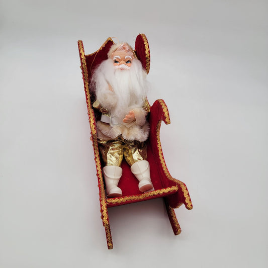 Vintage Santa In Gold Lame Suit With Felted Wood Sleigh Kitsch Christmas Decor