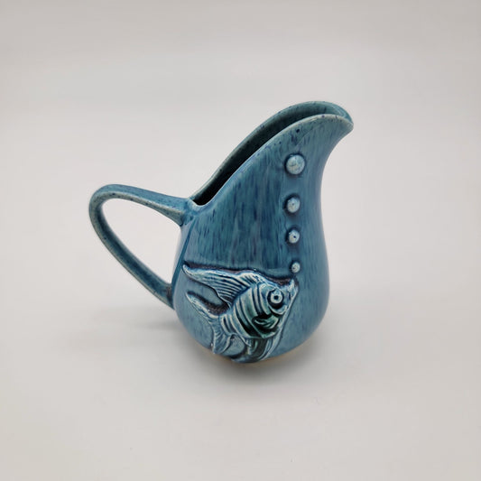 Vintage Blue Pottery Creamer With Fish