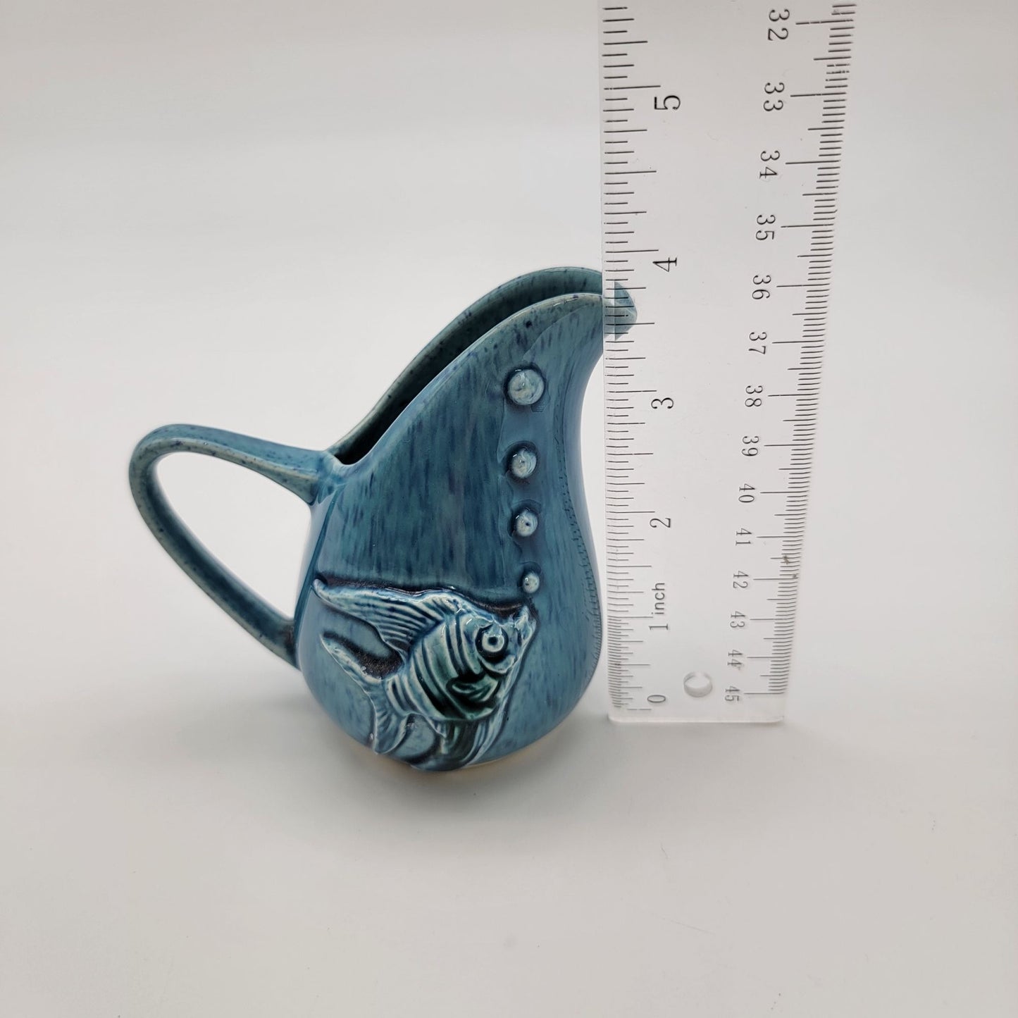 Vintage Blue Pottery Creamer With Fish